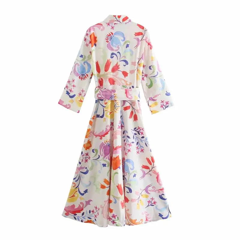 

ZA Summer Women Long Dress With Blet 2021 Turn Down Collar Casual Party Vestido Elegant A-Line Girls Single Breasted Outfits