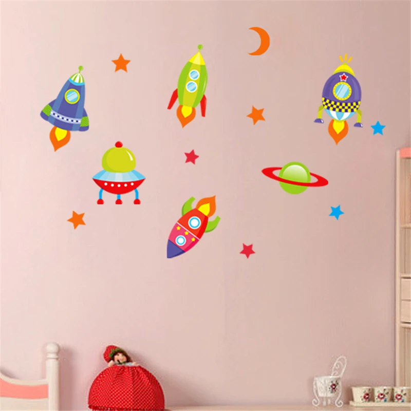 Мультфильм ракета Космос корабль Звезды Луна наклейки на стену для детской