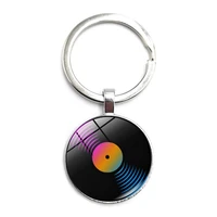 retro disc player disc dj disc key ring glass cabochon car key pendant male and female keychain gift jewelry