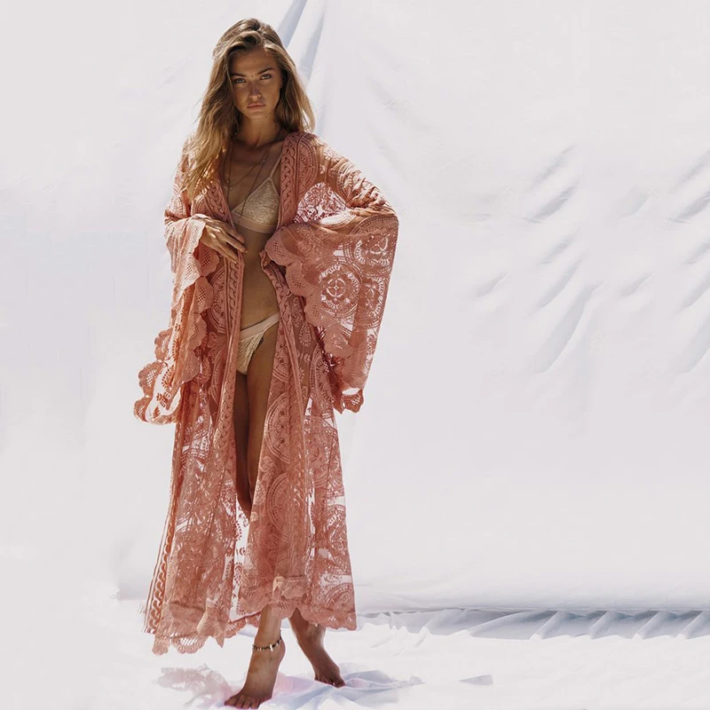 Женское длинное платье кардиган Boho Пляжное Платье накидка с длинным рукавом и