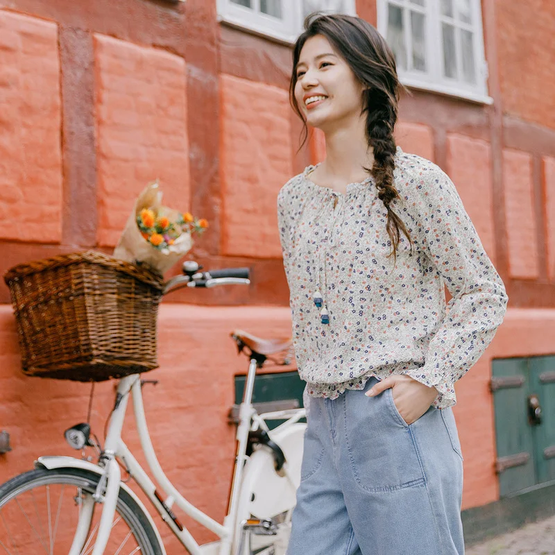 INMAN блузка на весну и осень милая элегантная женская с цветочным узором галстуком