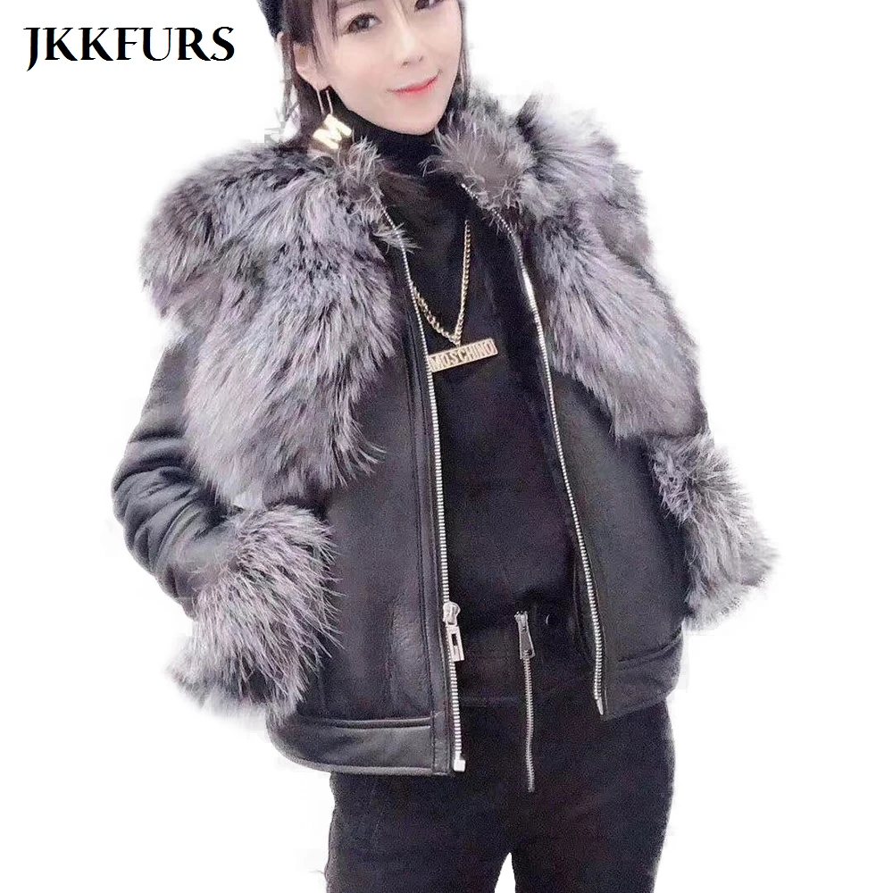 Женская куртка из натуральной овечьей кожи с воротником Меха чернобурки и