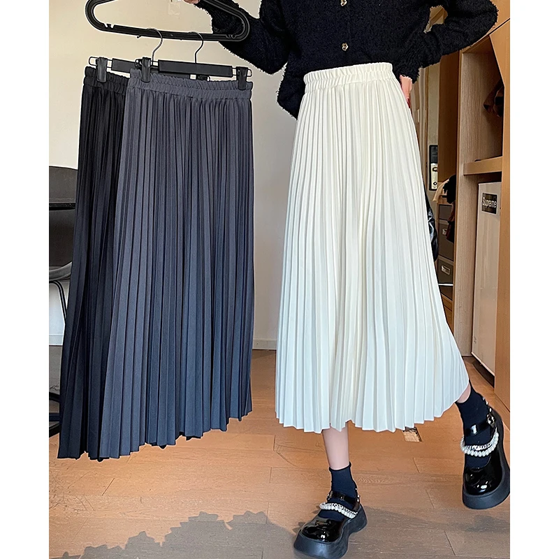 

2022 Winter Women Draped Rib Pleated Skirt Elastic High Waist Long Skirt Female Autumn Ladies High Quality Midi Skirt Saia