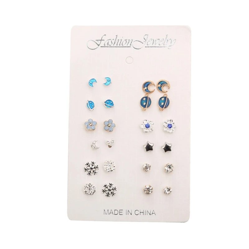 

12 Pairs/set New Statement Earrings for Women Moon Star Planet Snowflake Rhinestone Jewelry Alloy Statement for Girls Women Gift