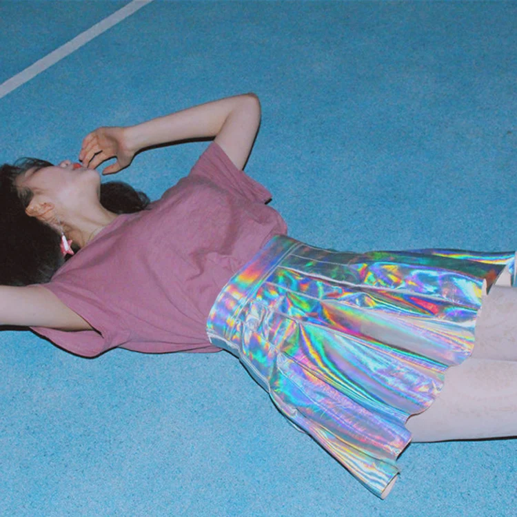 Плиссированная юбка в стиле Харадзюку серебристая блестящая флуоресцентная