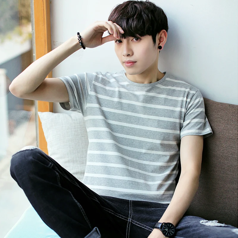 

TFETTERS Summer Korean Style 2021 New Men's T-shirt O-Neck Striped Cotton Short Sleeve T Shirt Men's Clothing