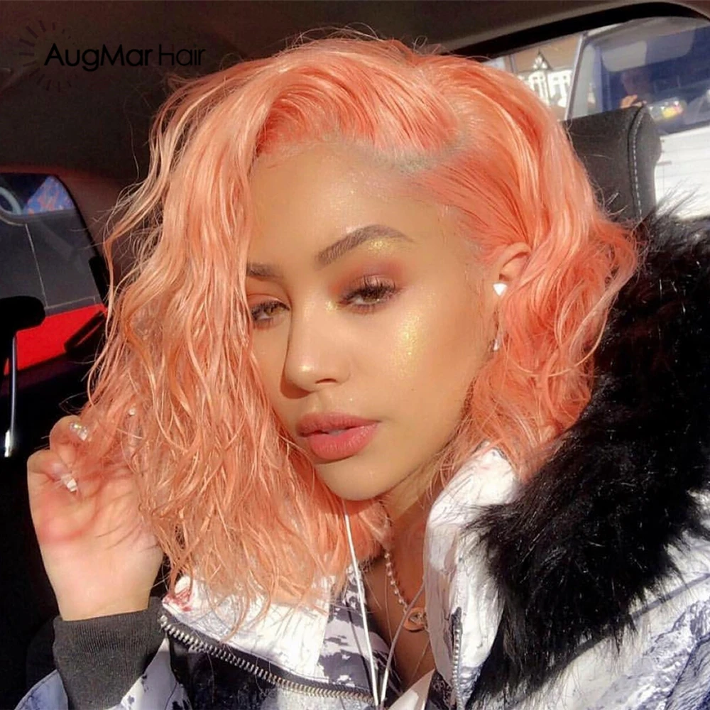 

Brazilian Remy Water Wave Wig Pink Pre Plucked Ombre Blue Short Bob Wigs Purple Lace Front Human Hair Wigs with Baby Hair