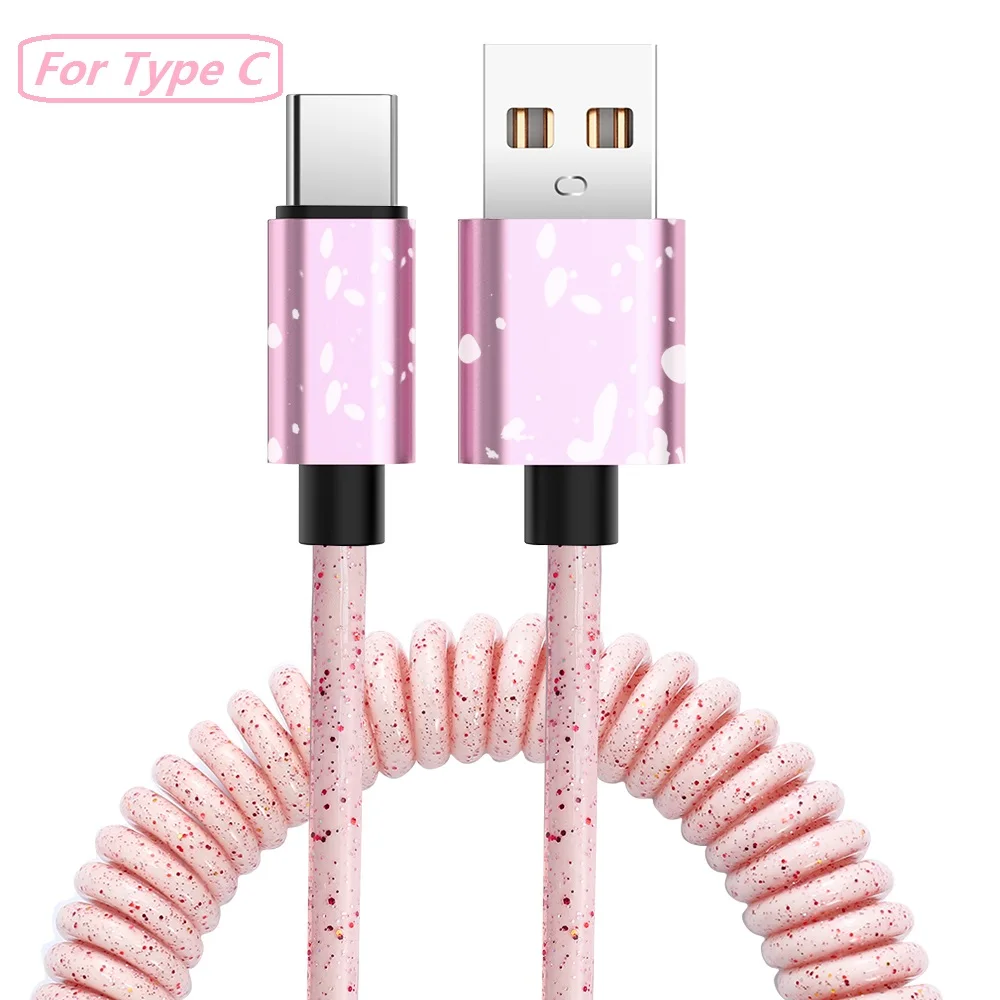 Пружинный кабель usb type-C для автомобильного стиля, гибкий кабель для хранения, 3А, Micro USB, Выдвижной зарядный шнур, USB C, быстрая зарядка, Кабо для Redmi - Цвет: Pink For Type C
