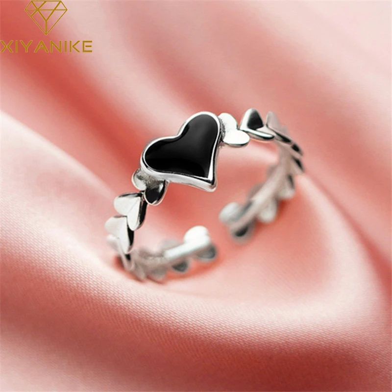 

XIYANIKE Silver Color Black Love Heart zircon Ring Female Sweet Temperament Cute Fashion Open Jewelry Accessories Gift