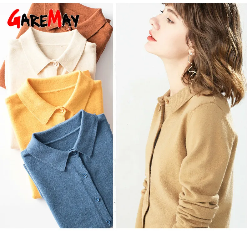 GareMay Pullovers women's knitted jacket Sweaters cardigan for women jumper Turn Down Collar knitting Tops Female plus size |