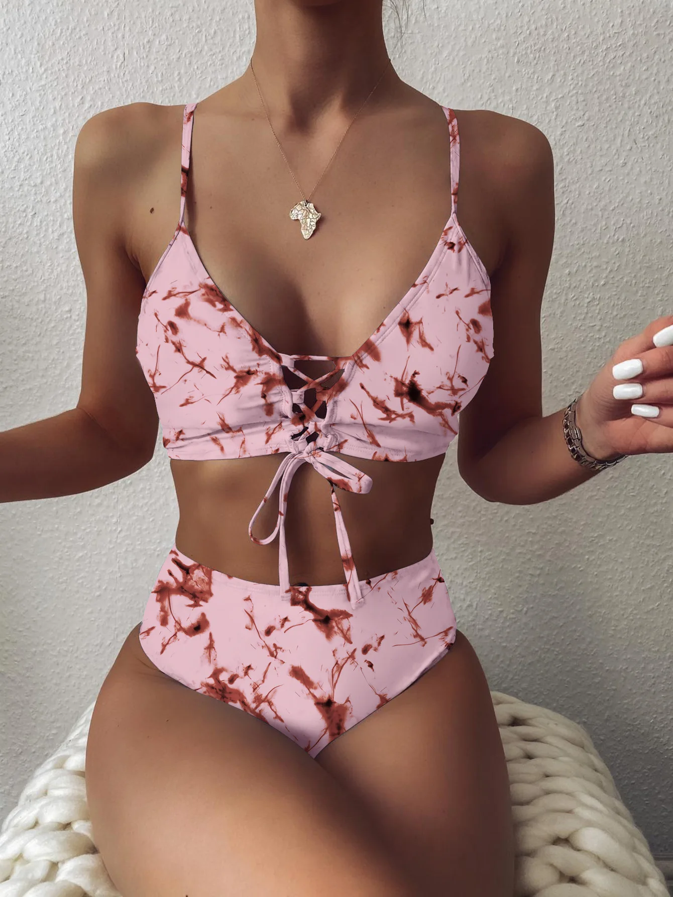 

Europe and America 2020 Foreign Trade AliExpress Hot Selling Sexy Ink Printed Bikini Lace-up Two-piece Swimsuits