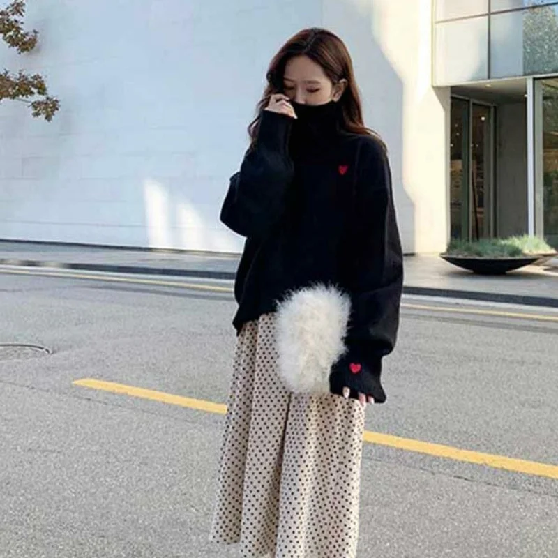 

Women Pullover Jumper High Turtleneck Sweater Embroidery Loose Christmas Long Sleeve Burgundy Winter Sweater 936-120