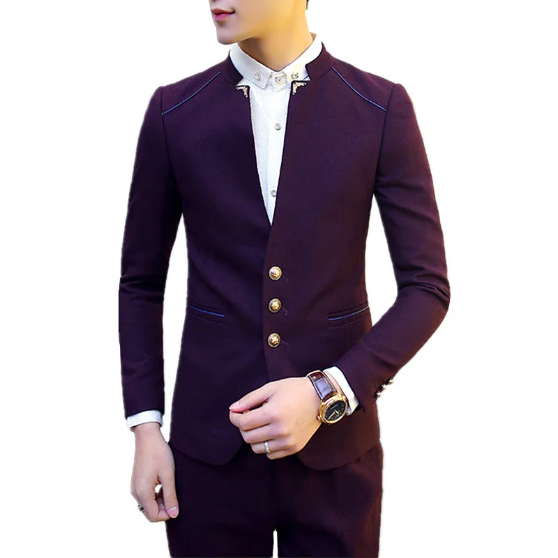 

Black Stand Up Collar Terno 2 Piece Suit for Men's Business/Wedding/Party Blazer Coat and Pants Navy Slim Men Clothing 3XL