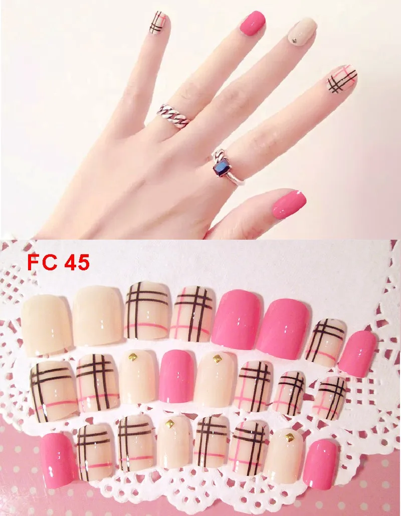 FC 45 24 шт./компл. элегантные накладные ногти черный, белый цвет полоса Цвет микс шикарные короткие накладные ногти для ног с жемчужные стразы квадратные акриловые накладные ногти - Цвет: FC 45