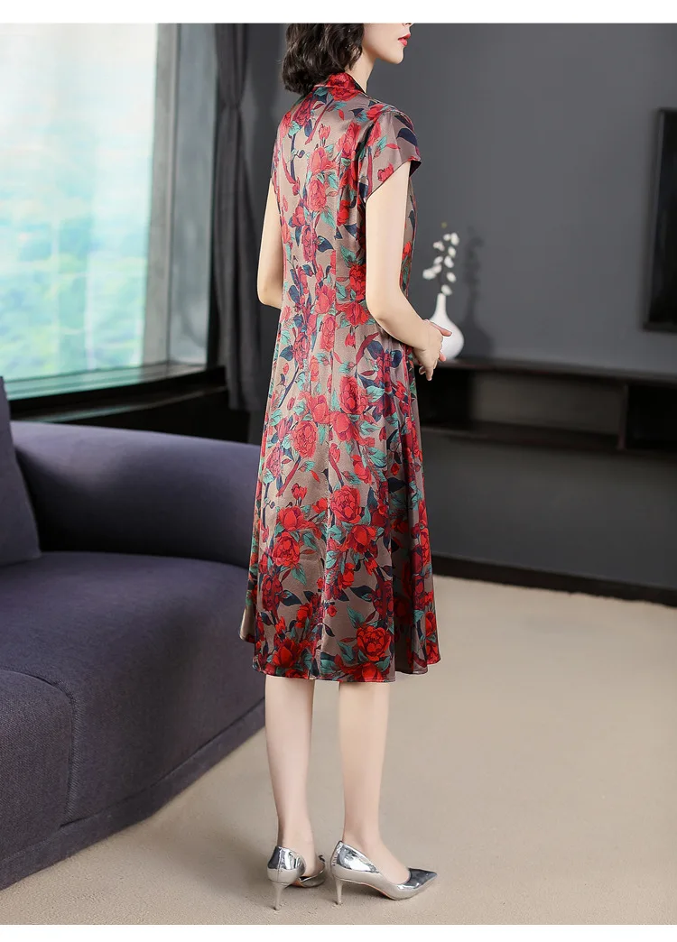 

New summer mother short-sleeved silk dress female slim plus size floral skirt
