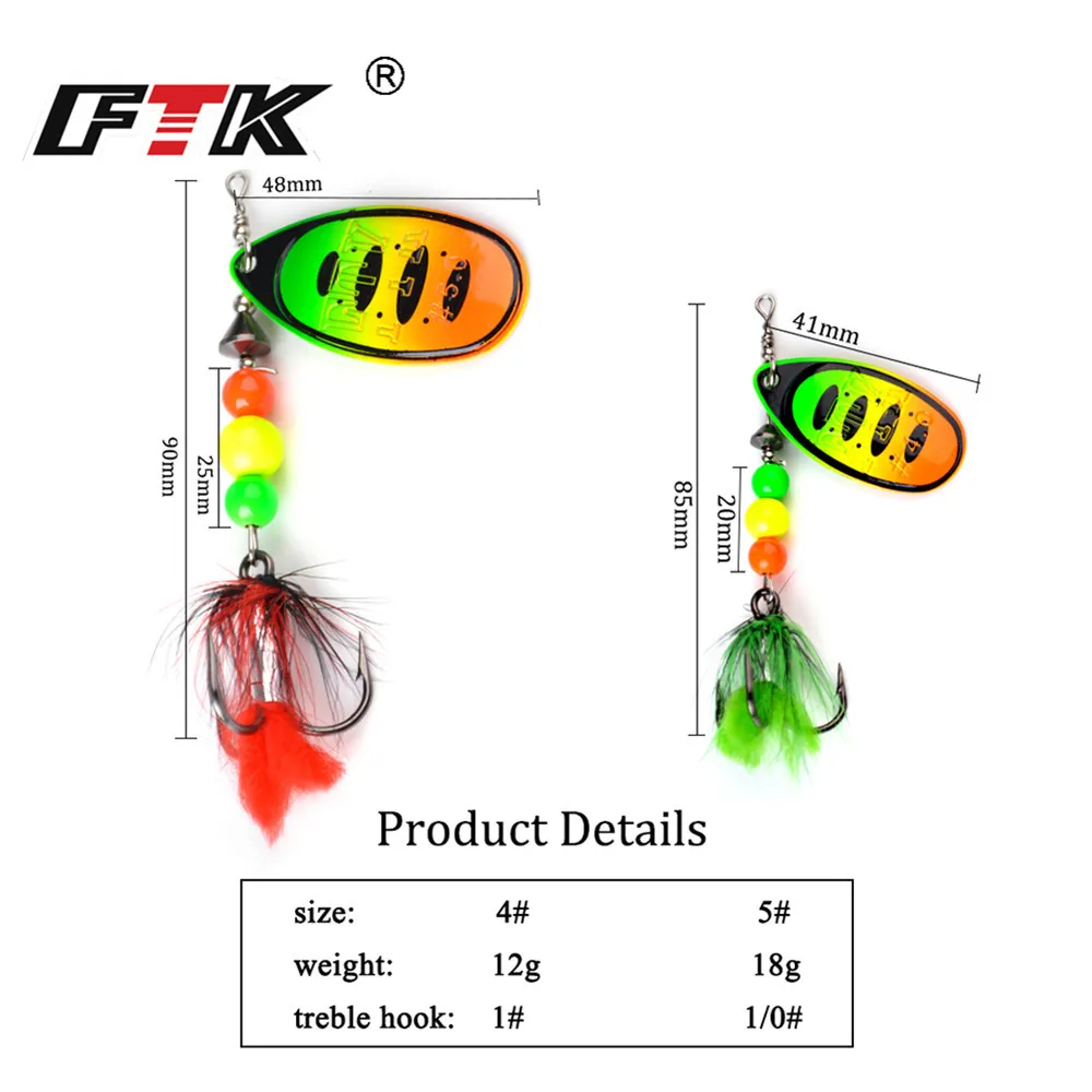 FTK Metal Fishing Lure Spinner Bait 12g 18g Wobblers Spoon Lures Pike Bass Carp Hard Bait With Feather Treble Hooks 8 colors