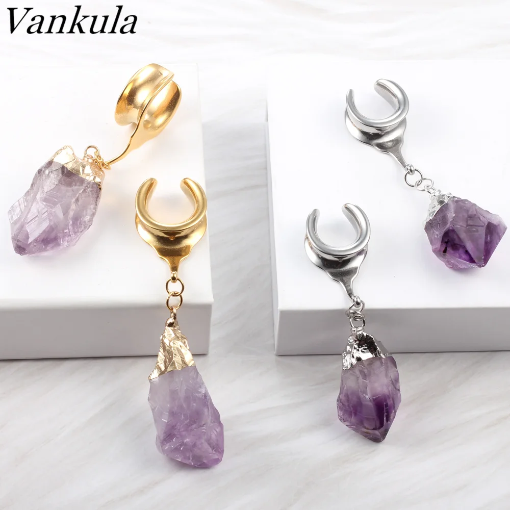 Vankula 2PCS Stainless Steel Natural Stone Drop Ear Plugs Tunnels Plug Ear Gauges Stretching Ear Weight Body Piercing Jewelry