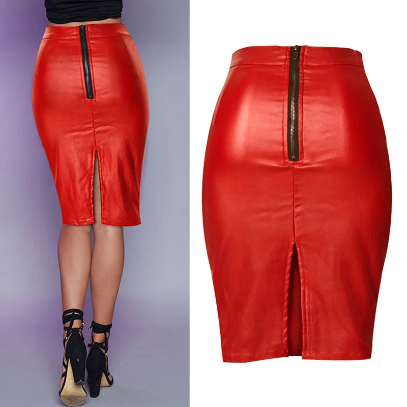 Модная женская одежда 2020 красные юбки из искусственной кожи с высокой талией