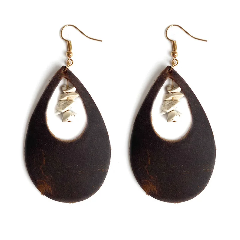 

Cutout Cowhide Leather Oxhide Tear Drop Earrings Turquoise Beaded Charms Drop Dangle Earrings for Women Handmade Jewelry