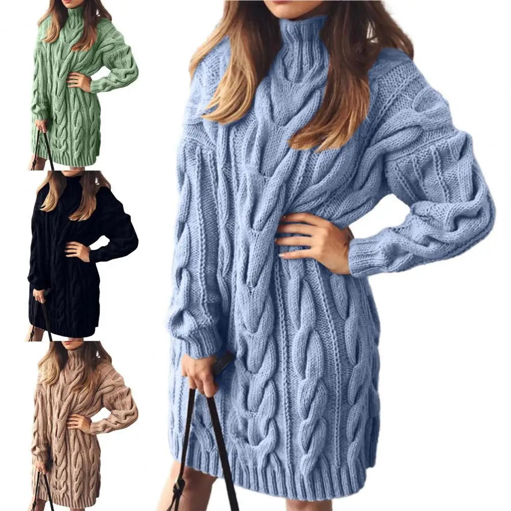 

Lady Winter Sweater for Solid Color Warm Knitted High Collar Twisted Long Sweater for Work