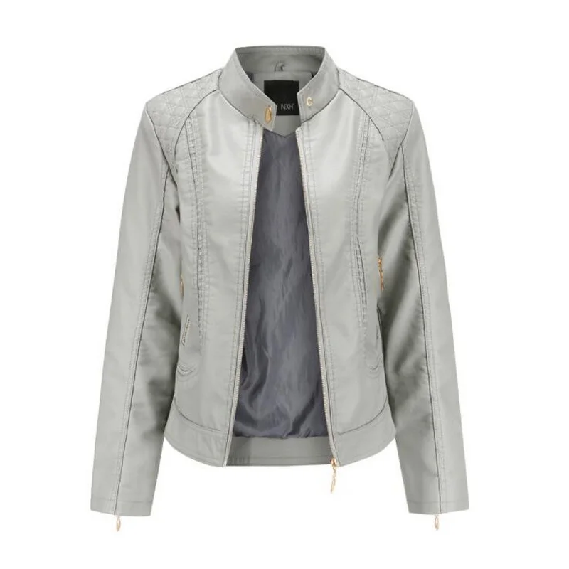 Women Leather Jacket Female Zipper Stitching Rivet Stand Collar PU Leather Outerwear Leather Outwear Fall Jacket