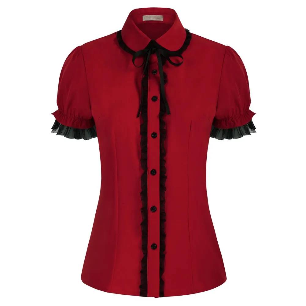 

Women Vintage Lace Decorated Shirt Short Sleeve Peter Pan Collar Blouse Tops Summer Gothic Punk OL Office Lady Elegant Blouses