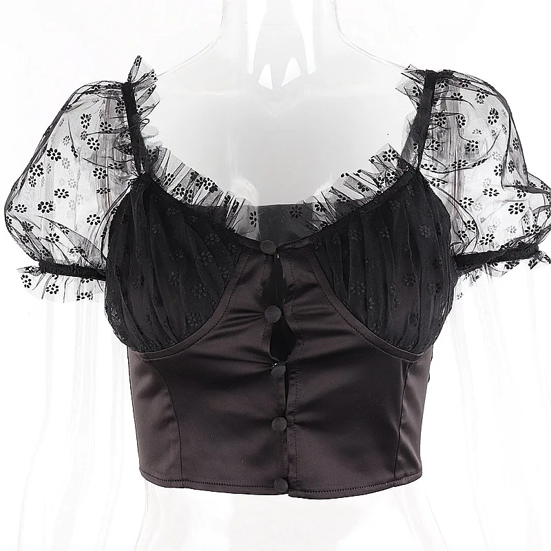 

Goth Dark Mall Gothic Mesh Women Black T-shirts Grunge Punk Emo Summer Bodycon Crop Tops Short Sleeve Sexy Hollow Out Streetwear