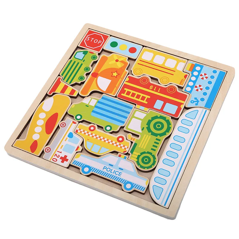 Creative 3D Cartoon Animals Vehicle Wood Puzzles Jigsaw Toys For Children Intelligence Development Baby Early Educational Toys