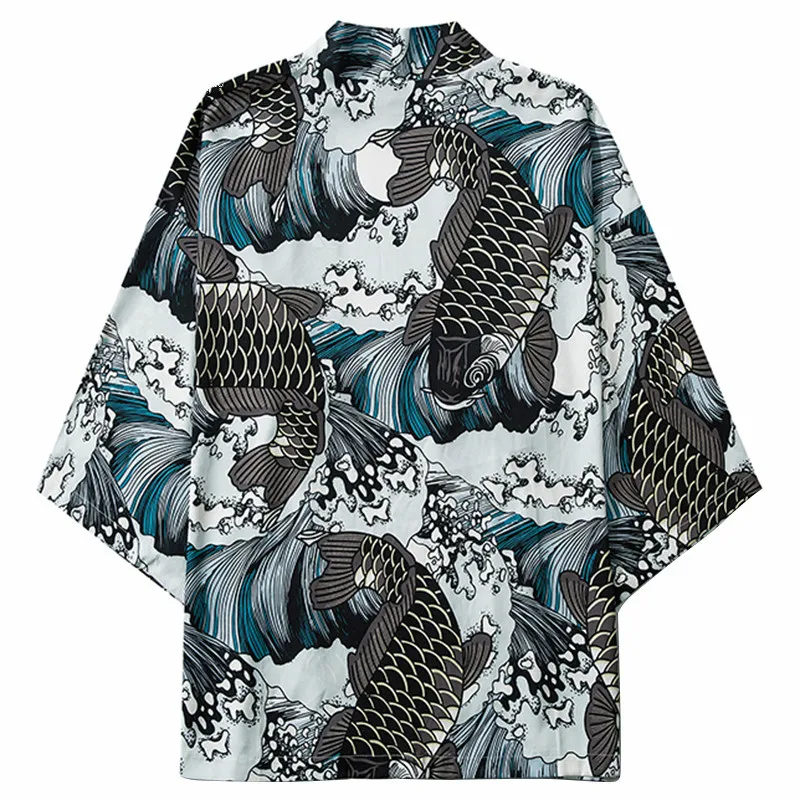 

Японское кимоно куртка Koi Fish Great Wave Harajuku 2020 хип-хоп Мужская Уличная куртка летняя тонкая одежда свободное кимоно