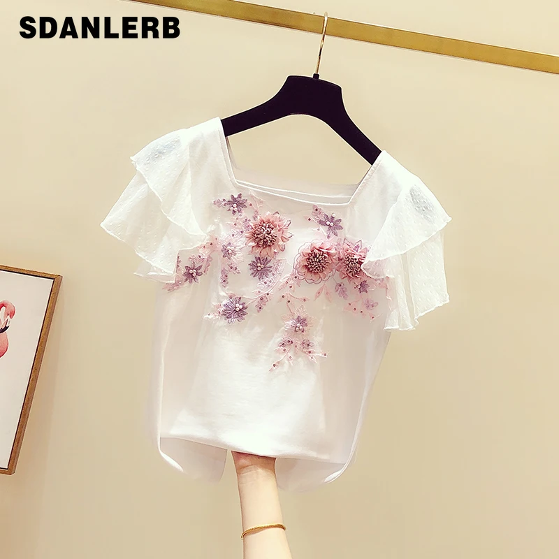 Женская футболка с цветочной вышивкой Повседневная белая оборками на рукавах