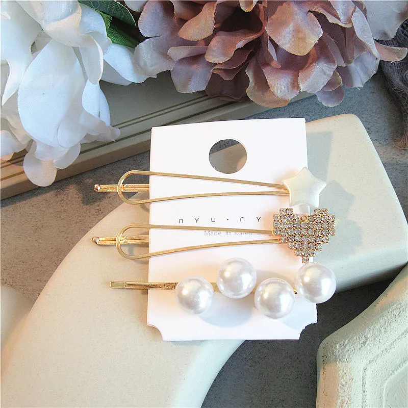 

3 pcs/set Fashion Crystal Rhinestones Heart Shaped Hairpins Imitation Pearl Star Beads Hair Clips For Women Girls Jewelry Gifts