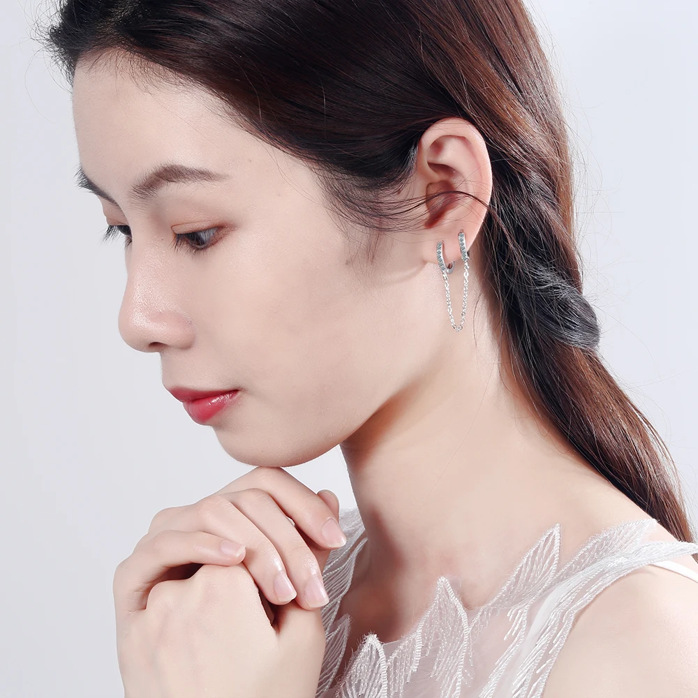 Двойные серьги-цепочки из серебра 925 пробы маленькие круглые кольца с кисточкой