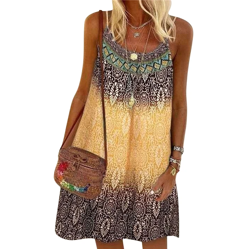 

2021 Summer Printed Sling Dress Ladies Bohemian Loose Ladies Dress A-line Beach Casual Elegant Mini Dress