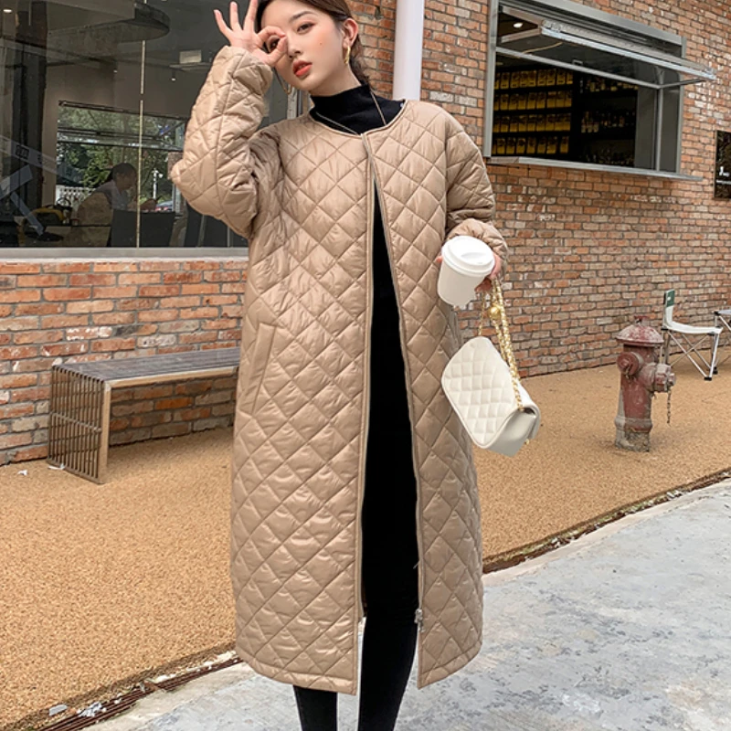 

2021 Winter Women Winter Solid Loose Coat Female Thick High Quality O-neck Padded Outwear Ladies Autumn Long Jacket Thin Parkas