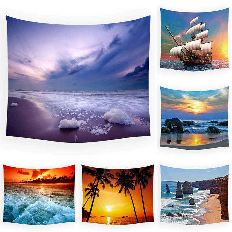 Морской Пляжный Пейзаж океанская волна кокосовое дерево закат парусный гобелен