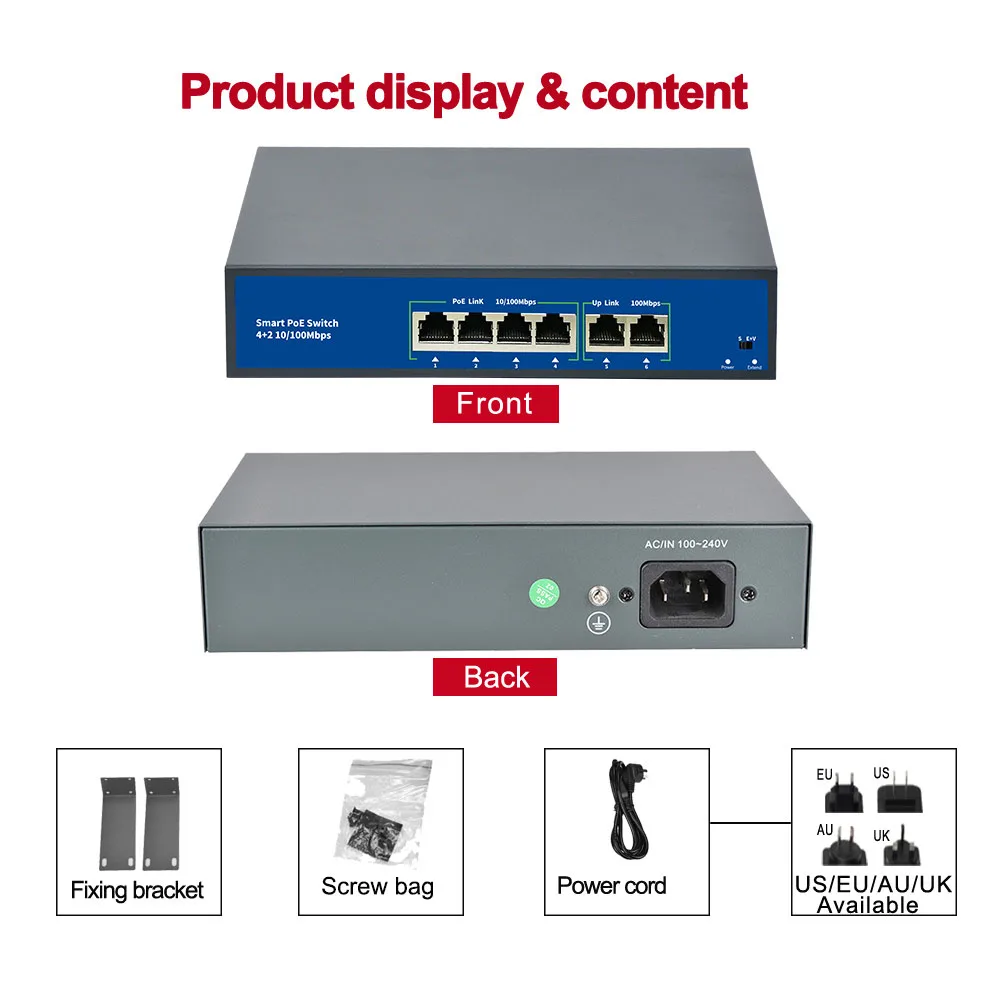 Стандартный Коммутатор POE 48 В 4 канала 78 Вт 8 каналов 120 Power over Ethernet 100 Мбит/с 250 м 15