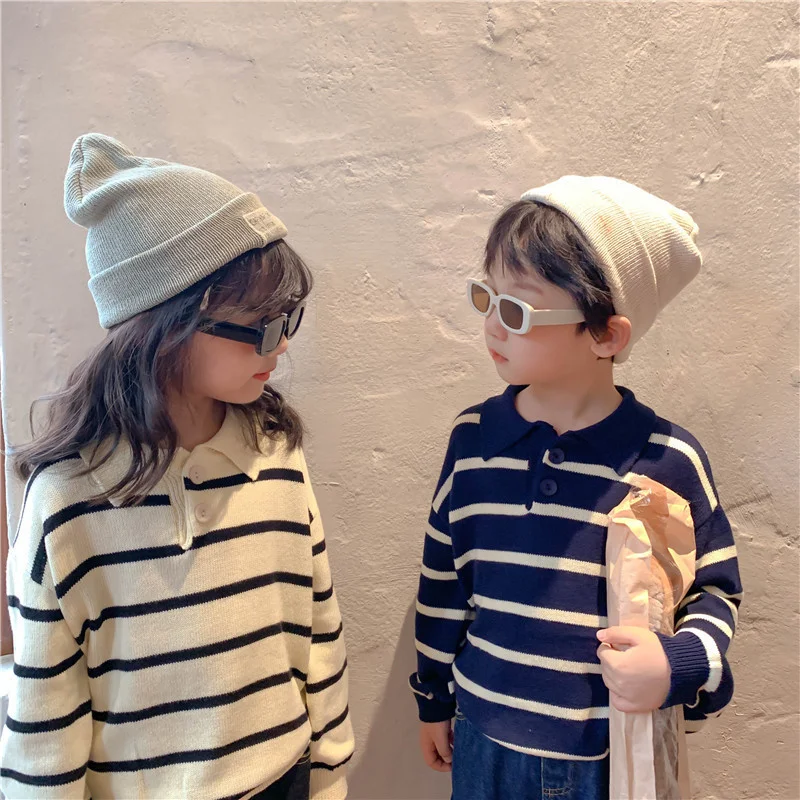 

Korean style spring autumn siblings turn-down collar striped sweaters boys and girls loose casual knitted pullovers Tops