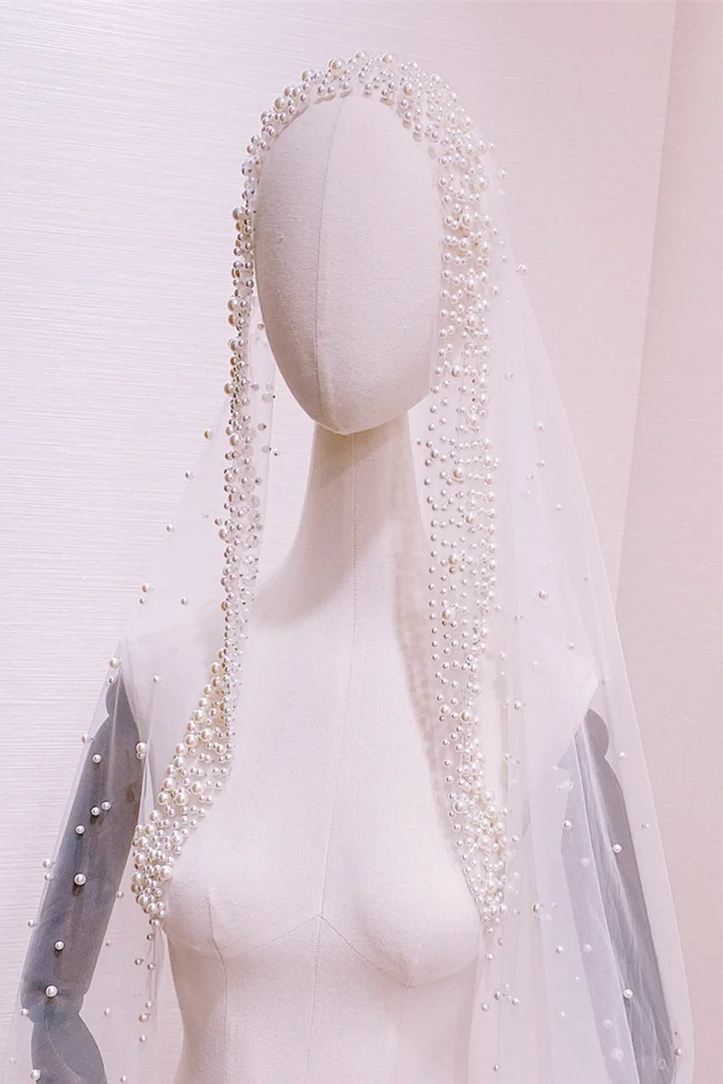 Wholesales Romantic White Handmade Pearls Beading 3Meter Long Wedding Veil Best Price Bridal Headwear حجاب اسلامي | Свадьбы и