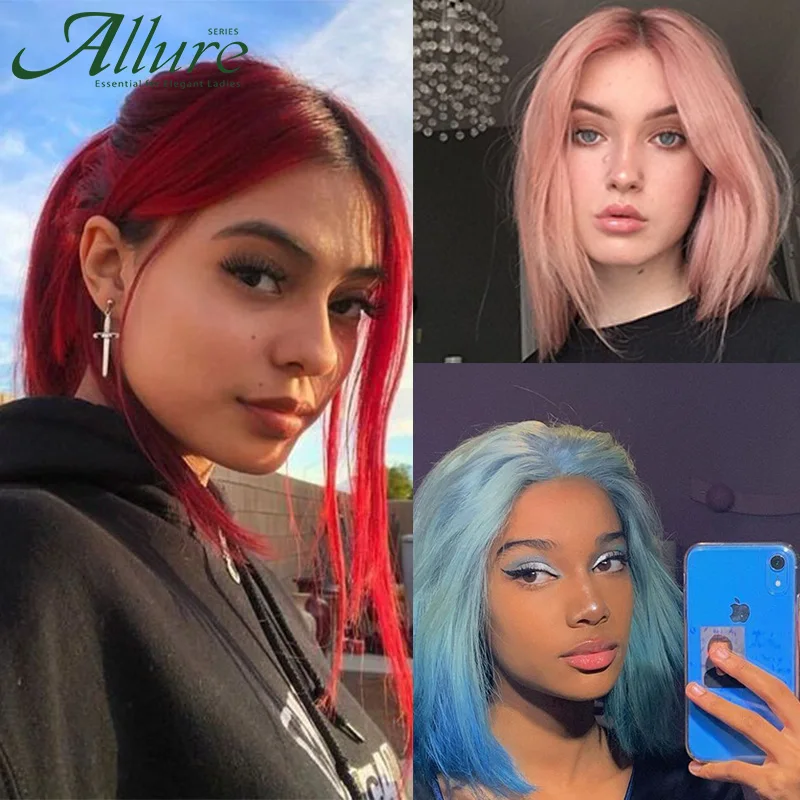 

Короткие цветные красные синие прямые волосы боб, парики из человеческих волос, женские парики боб T на шнуровке спереди, блондинка, оранжев...