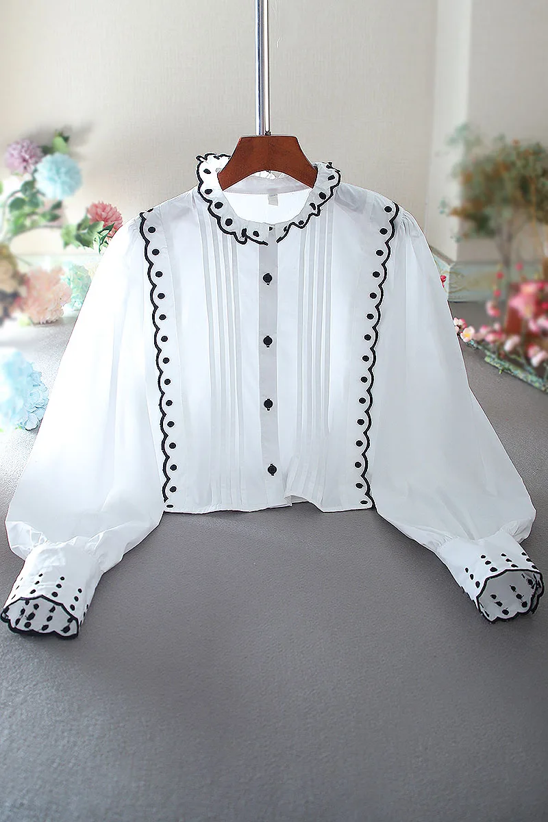 

SuperAen 2021 Loose High Waist Temperament Long Sleeve Short Office Lady Sweet Lantern Sleeve Short Shirt Blouse