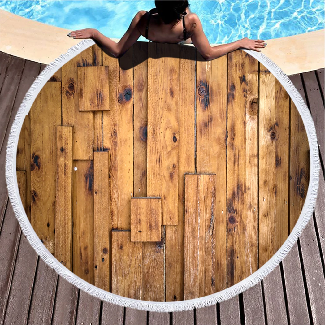 

Brown Wood Wall Round Beach Towel Carpentry Construction Microfiber Beach Towel With Tassel Nature Plank Compressed Bath Towel