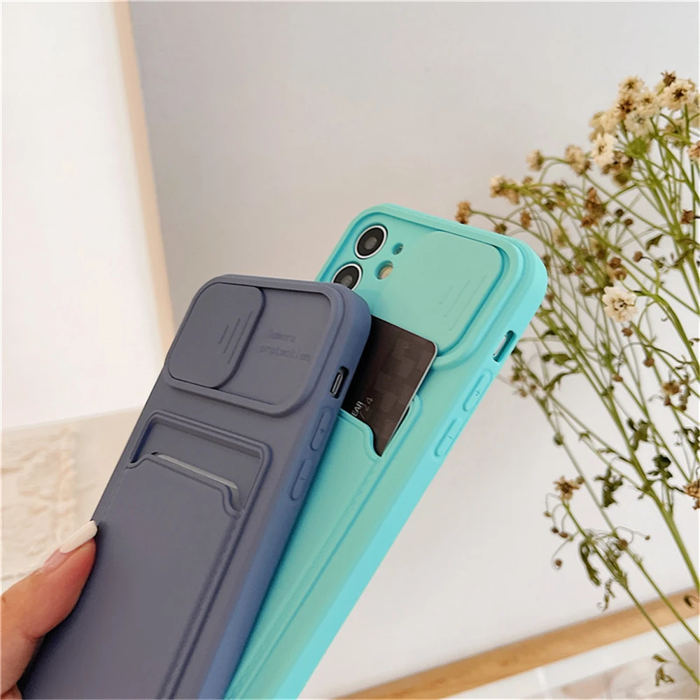 

Soft Wallet Card Holder Phone Case for iPhone 12 11 Pro Max X XR XS Max 6 S 7 8 Plus 12 Mini Slide Camera Protection Candy Cover