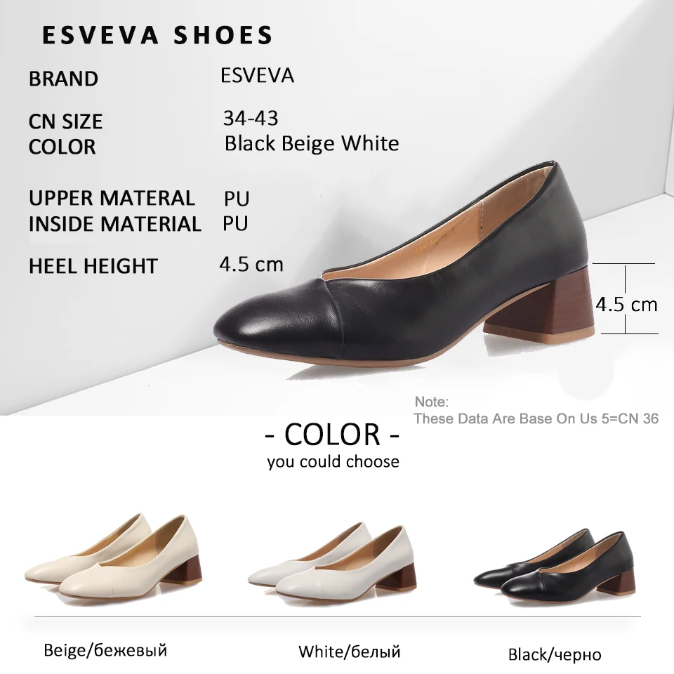 

ESVEVA 2019 Women Pumps Leather PU Shoes Sandals Slip on Med Heels Square Toe Office Shoes Square Heels Shoes Women Size 34-43