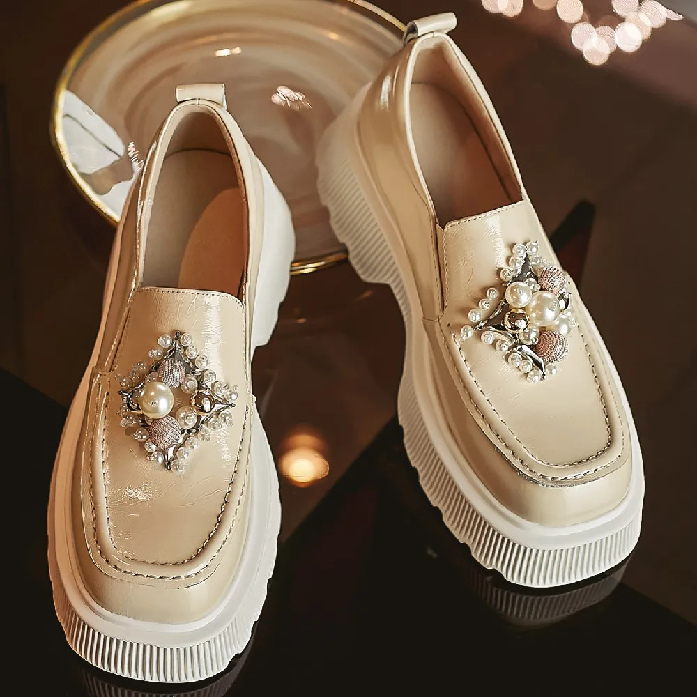 

Women's genuine leather thick sole platform flats loafers leisure soft comfortable moccasins square toe beading casual punk shoe