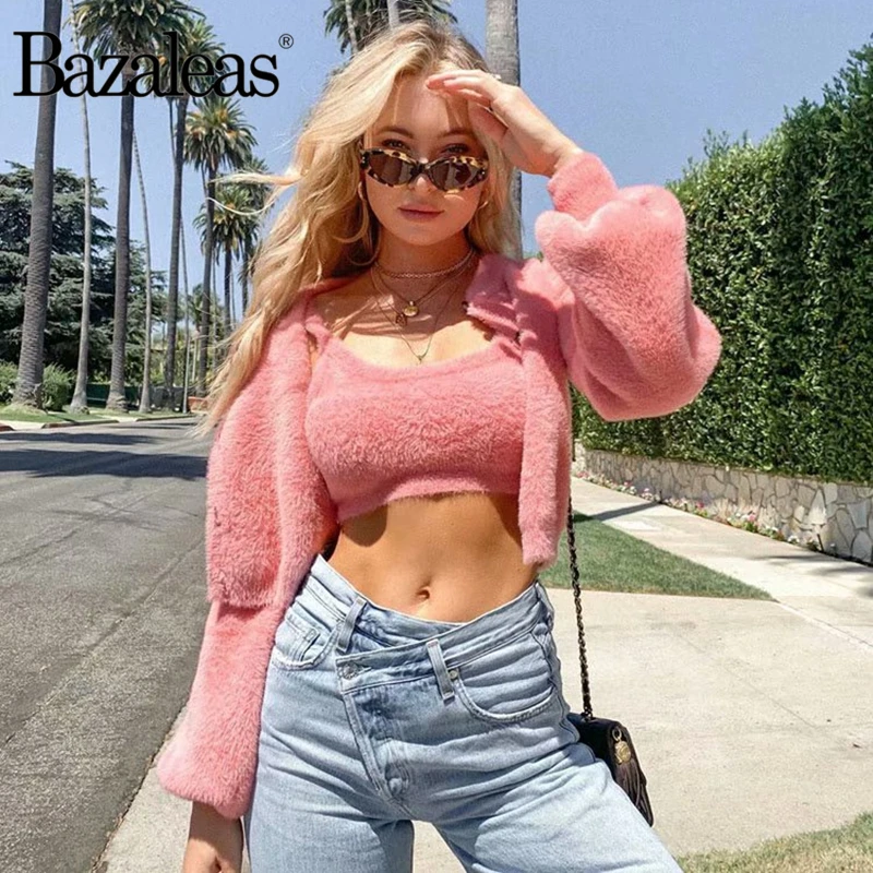 Bazaleas, винтажный женский свитер, шикарный, розовый, мягкий, мохер, вязаный кардиган, милый, тянет, женская одежда, kardigan, Прямая поставка