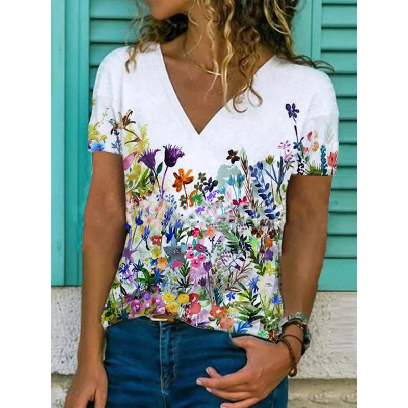 

V-neck Short Sleeve For Women's Fashion Custom T-shirt Trend Casual Floral Print Summer Loose Large Size All-match Ladies Tshirt
