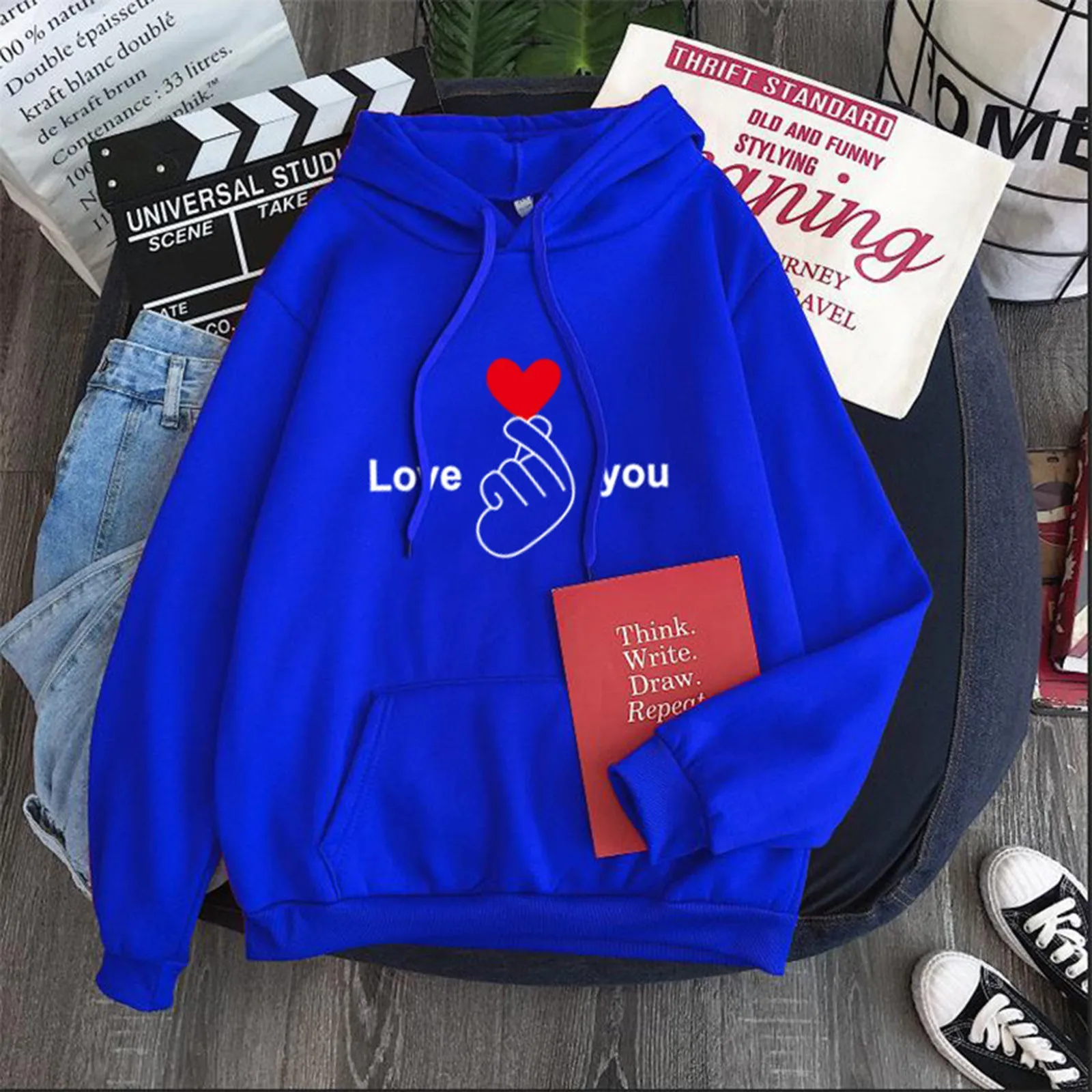 Fashion Love You Print Hooded Casual Sweatshirt Loose Pockets Tops Streetwear Female Autumn Winter Long Sleeve Womens Outerwear