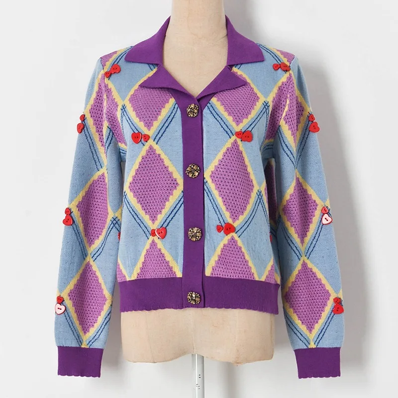 

Фиолетовый с рисунком ромба; В этническом китайском стиле с вышивкой дизайн свитер в винтажном стиле любовь на пуговицах с длинным рукавом ...