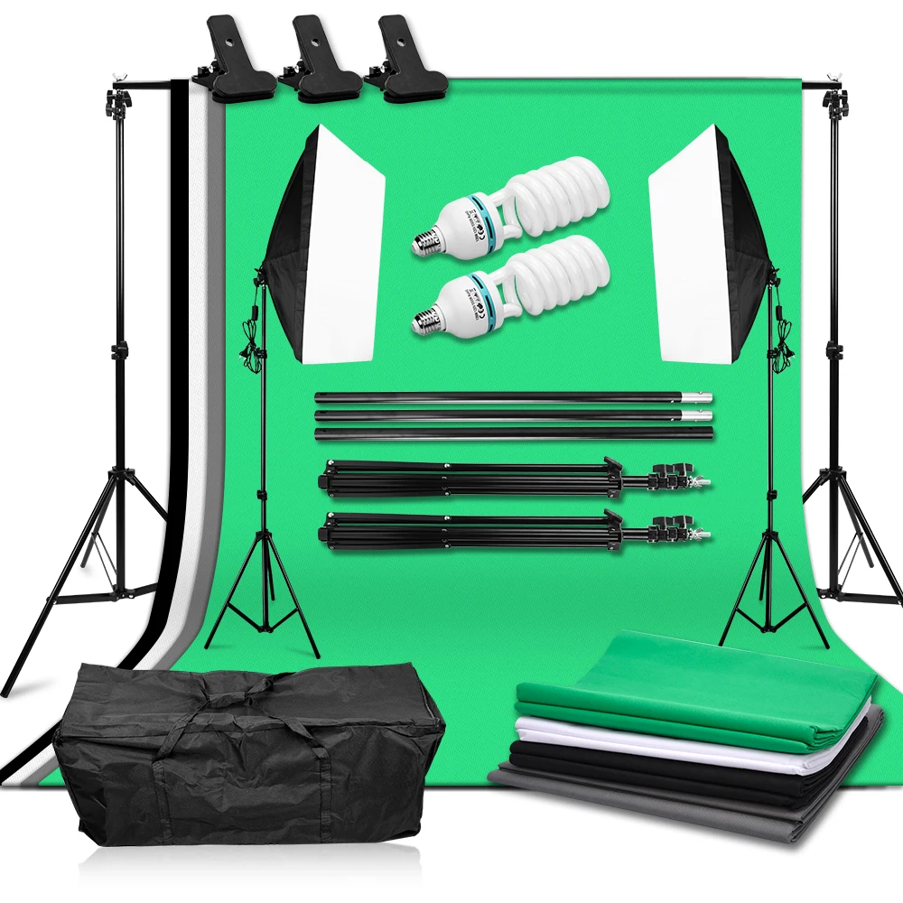 

Photo Studio Lighting Kit 2x2M Background Frame 4Pcs Backdrop E27 135W Bulb Photographic Continuous Lighting Kit 50*70cm Softbox