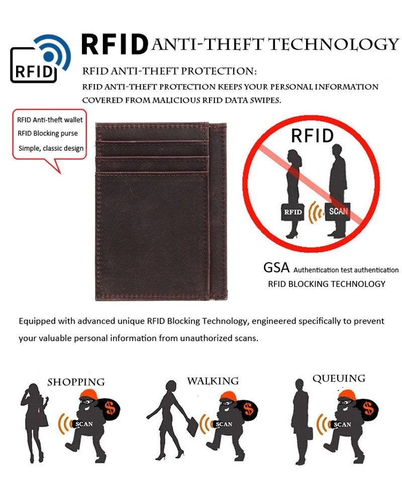Мужской Ультра тонкий кошелек RFID Блокировка ручной работы маленький зажим для денег Crazy Horse кошелек из натуральной кожи минималистичный кошелек для мужчин R9009